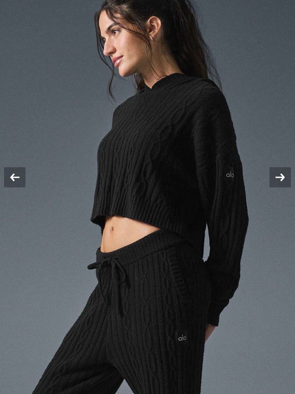 ALO Yoga Black Cable-Knit Cropped Crew Sweater